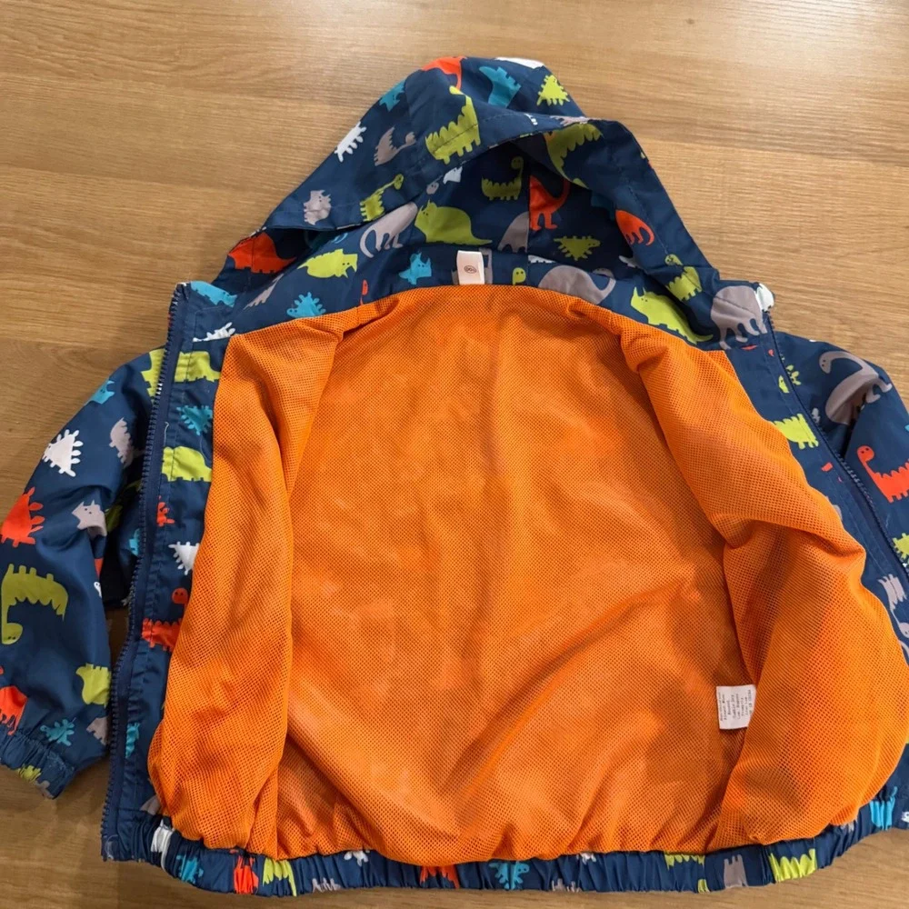 Kids Navy Blue Dinosaur Print Hooded Windbreaker Jacket Mesh Lined Size 100